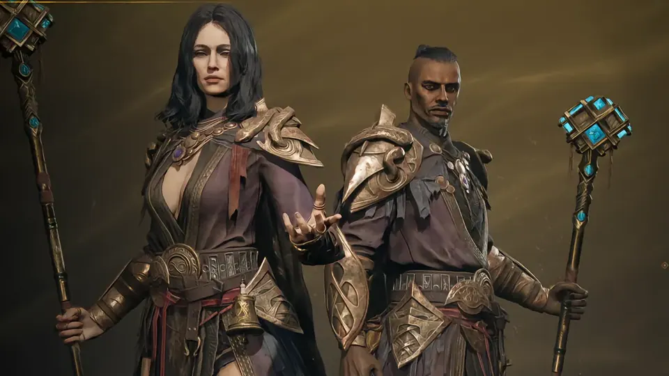 Sorcerer character models on the Mistfall Hunter class selection screen